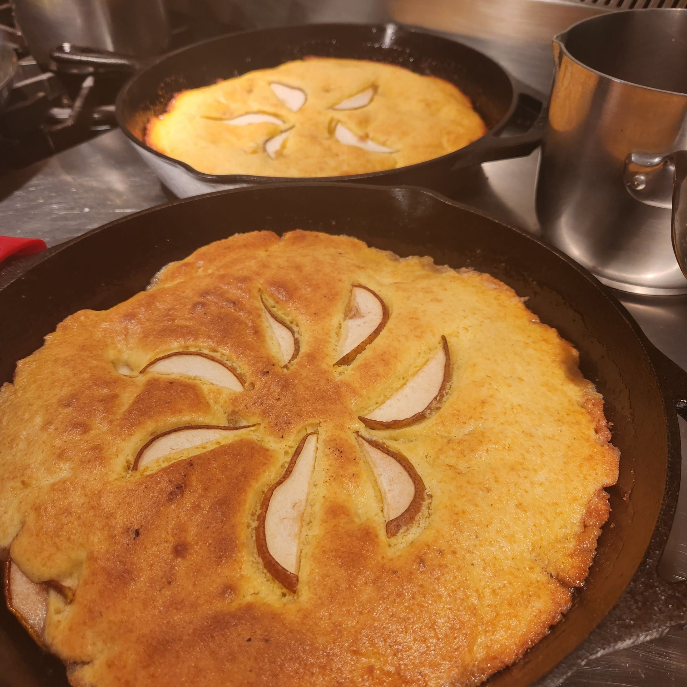 Skillet cake cooling on the stove