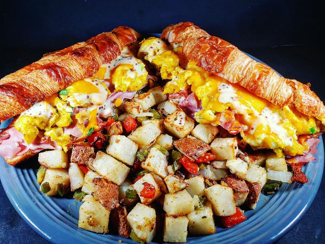 Baked Ham, Egg, and Cheese Breakfast Croissants with Maple Dijon Sauce and Baked Breakfast Potatoes