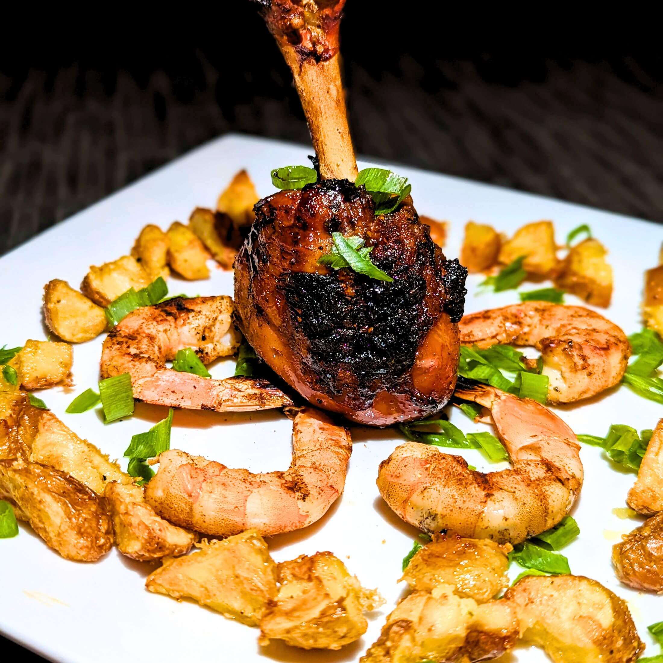 Vampepper Chicken Lollipops with Honey-Soy Glaze and grilled shrimp