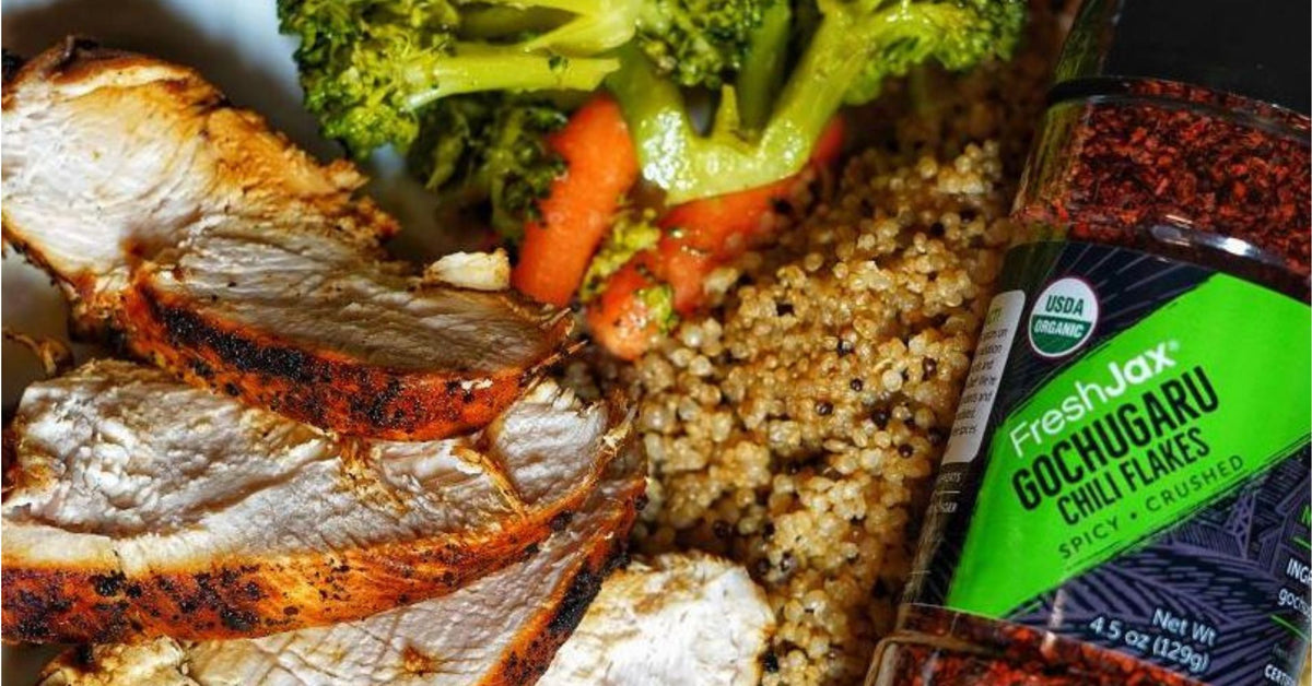 Gochugaru Chili flakes on Chicken over Quinoa