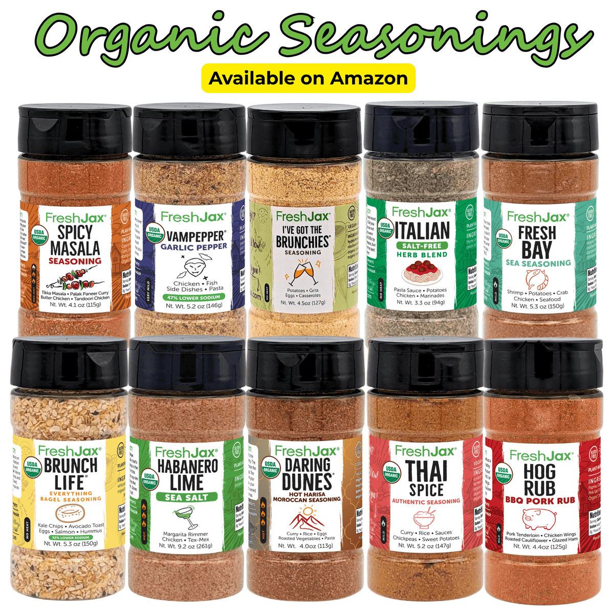 Ten FreshJax organic seasoning jars, including Spicy Masala, VamPepper, Italian Herb, Fresh Bay, Thai Spice, and Hog Rub.