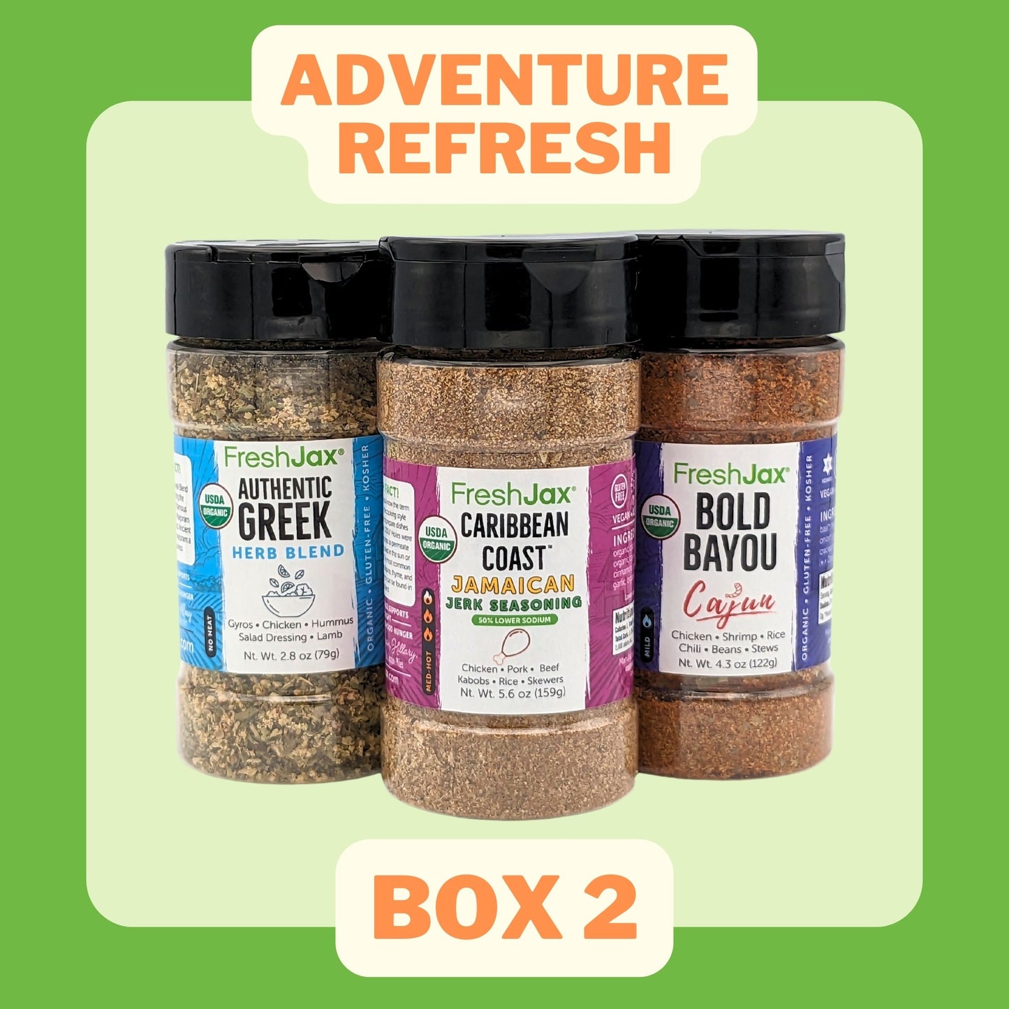Adventure ReFresh : Greek Seasoning, Caribbean Coast Jamaican Seasoning, Bold Bayou Cajun