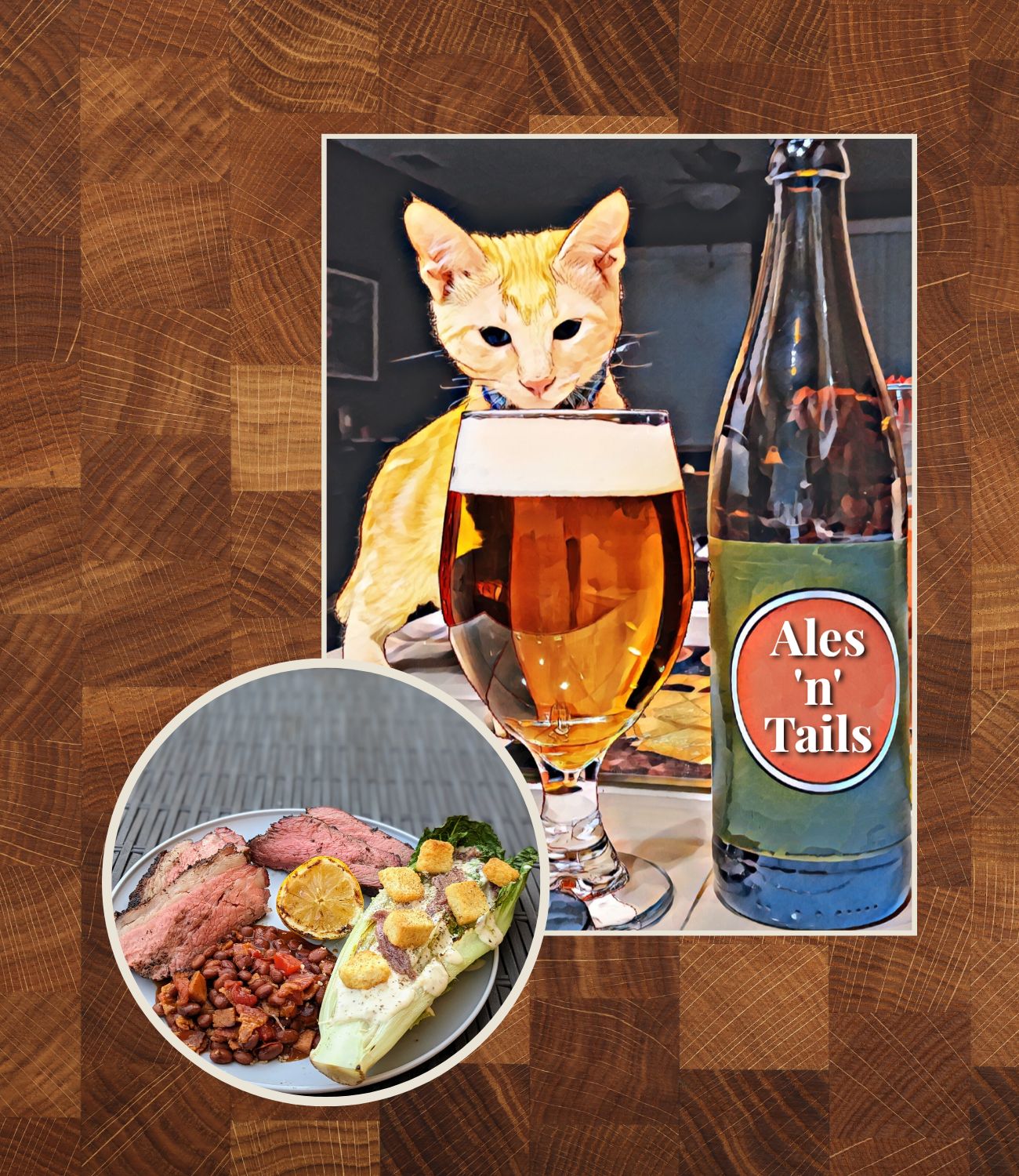 Ales and Tails Logo with Steak on the grill