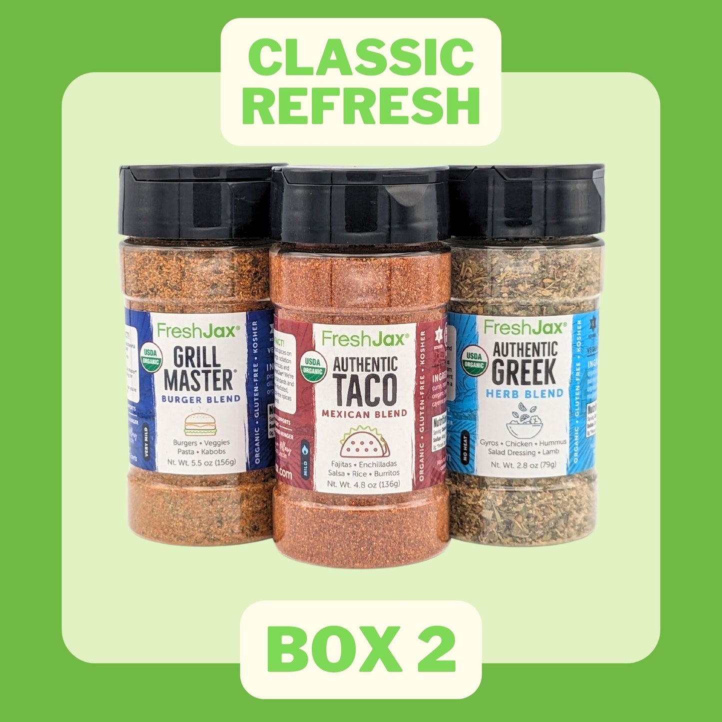 FreshJax Classic ReFresh - Box 2 : Grill Master Burger Blend, Authentic Taco Seasoning, Authentic Greek Seasoning
