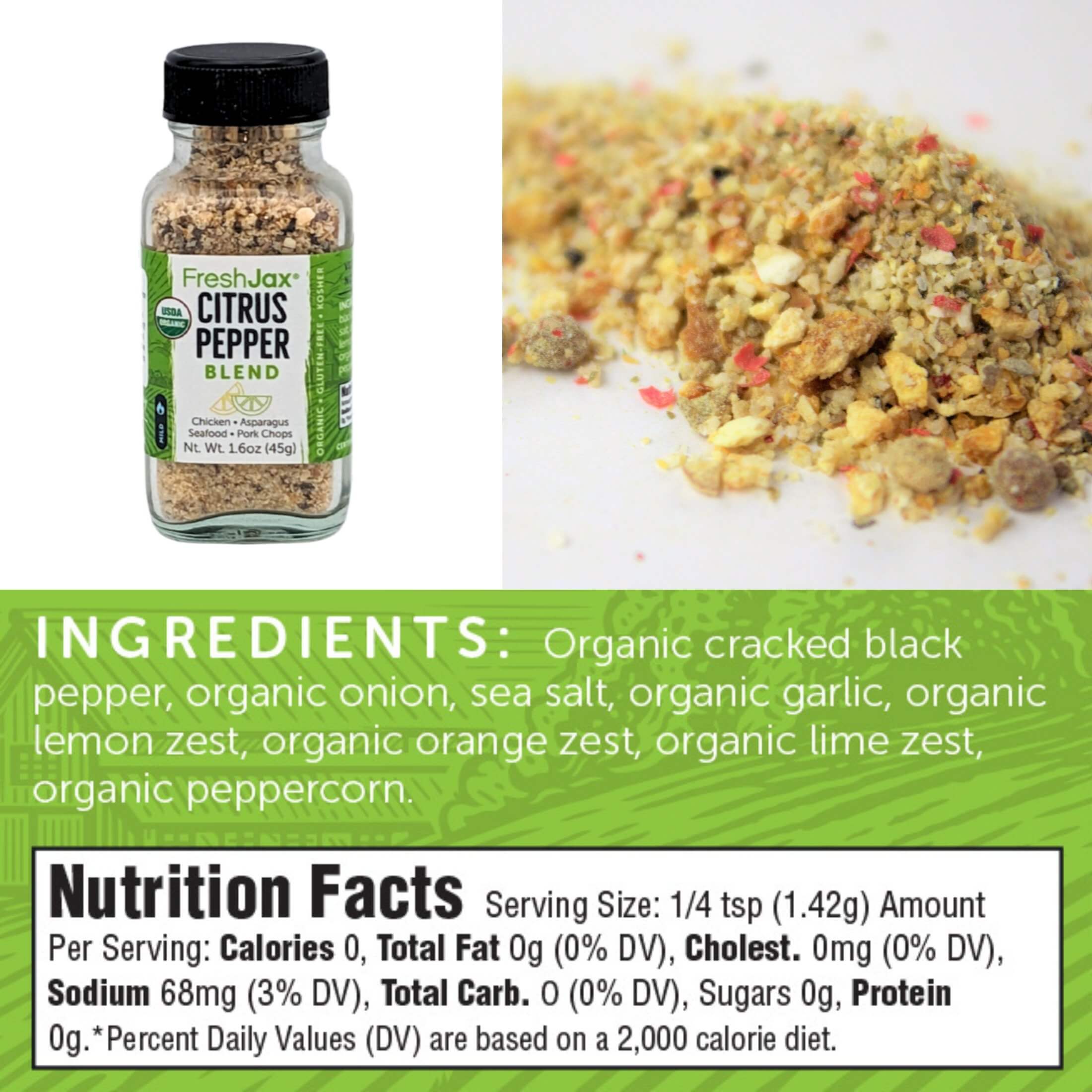 FreshJax Organic Spices Citrus Pepper Blend Ingredients and Nutritional Information