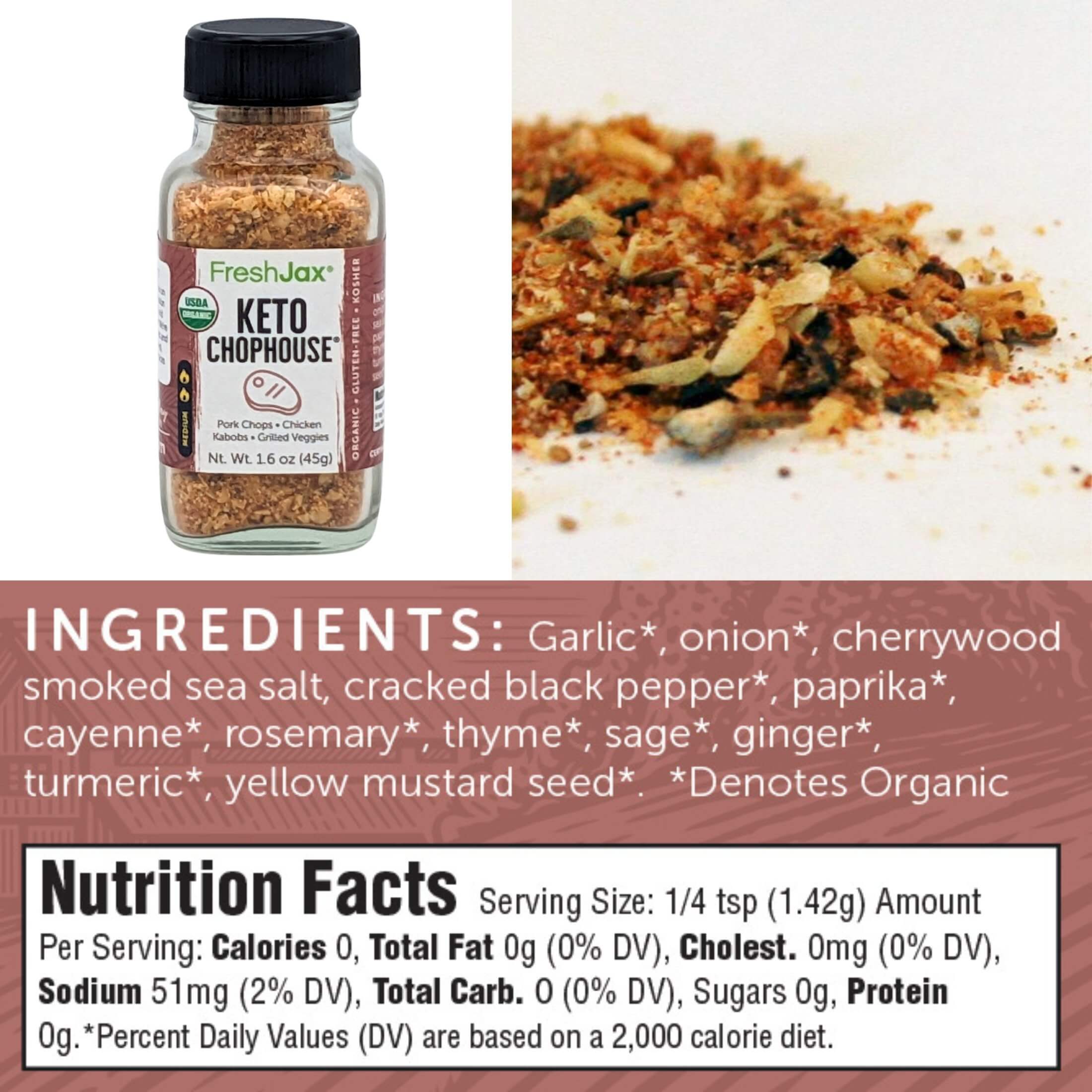 FreshJax Organic Spices Heto Chophouse Seasoning Ingredients and Nutritional Information