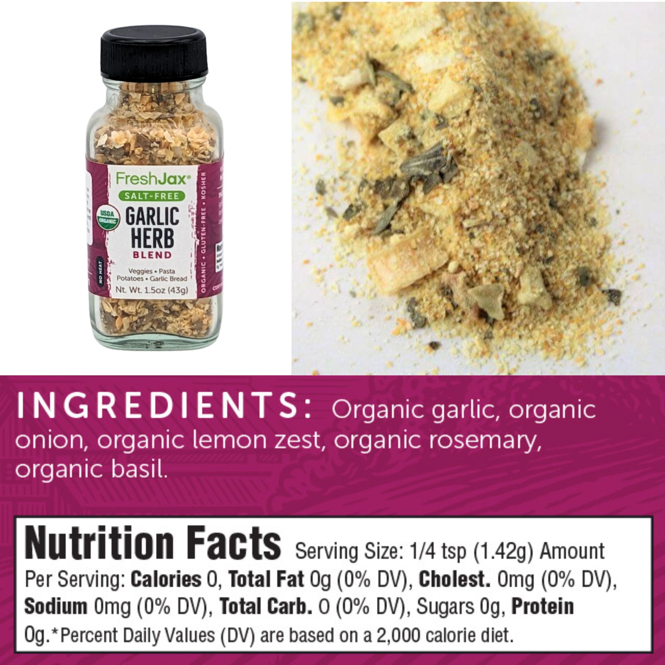 FreshJax Organic Spices Salt-Free Garlic Herb Ingredient and Nutritional Information