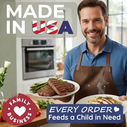 Man in a kitchen holding a plate of food with 'Made in USA' and 'Every Order Feeds a Child in Need' text.