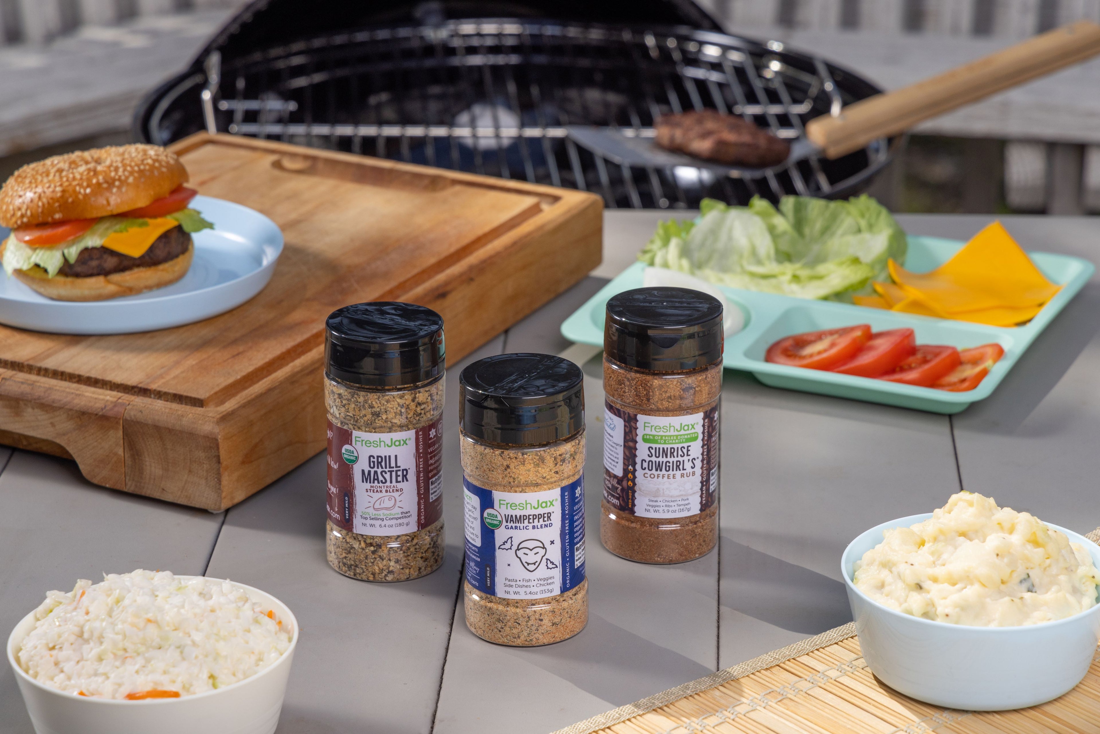FreshJax Organic Seasonings Next to a grill: Grill Master Steak, Vampepper, Sunrise Cowgirl