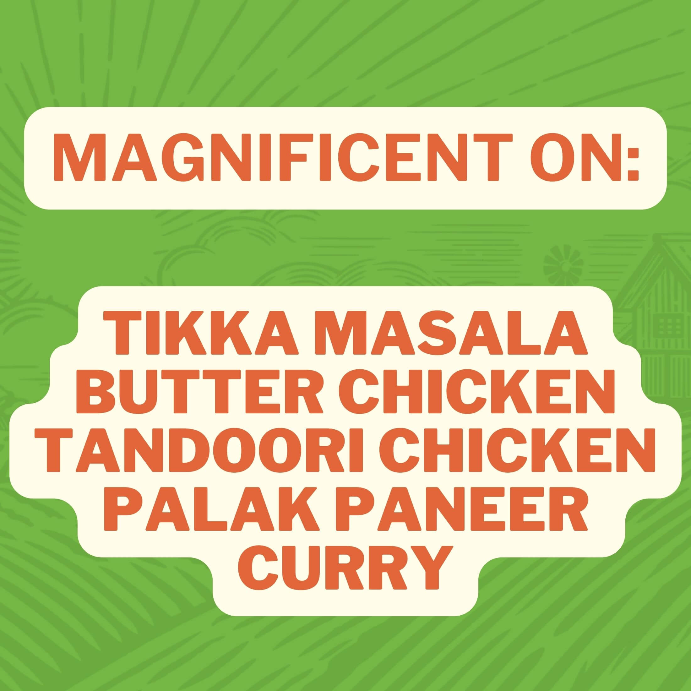 Magnificent on: Tikka Masala, Butter chicken, Tandoori Chicken, Palak Paneer Curry