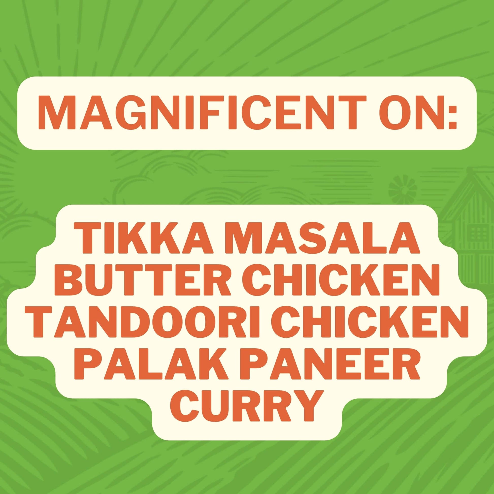 Magnificent on: Tikka Masala, Butter chicken, Tandoori Chicken, Palak Paneer Curry