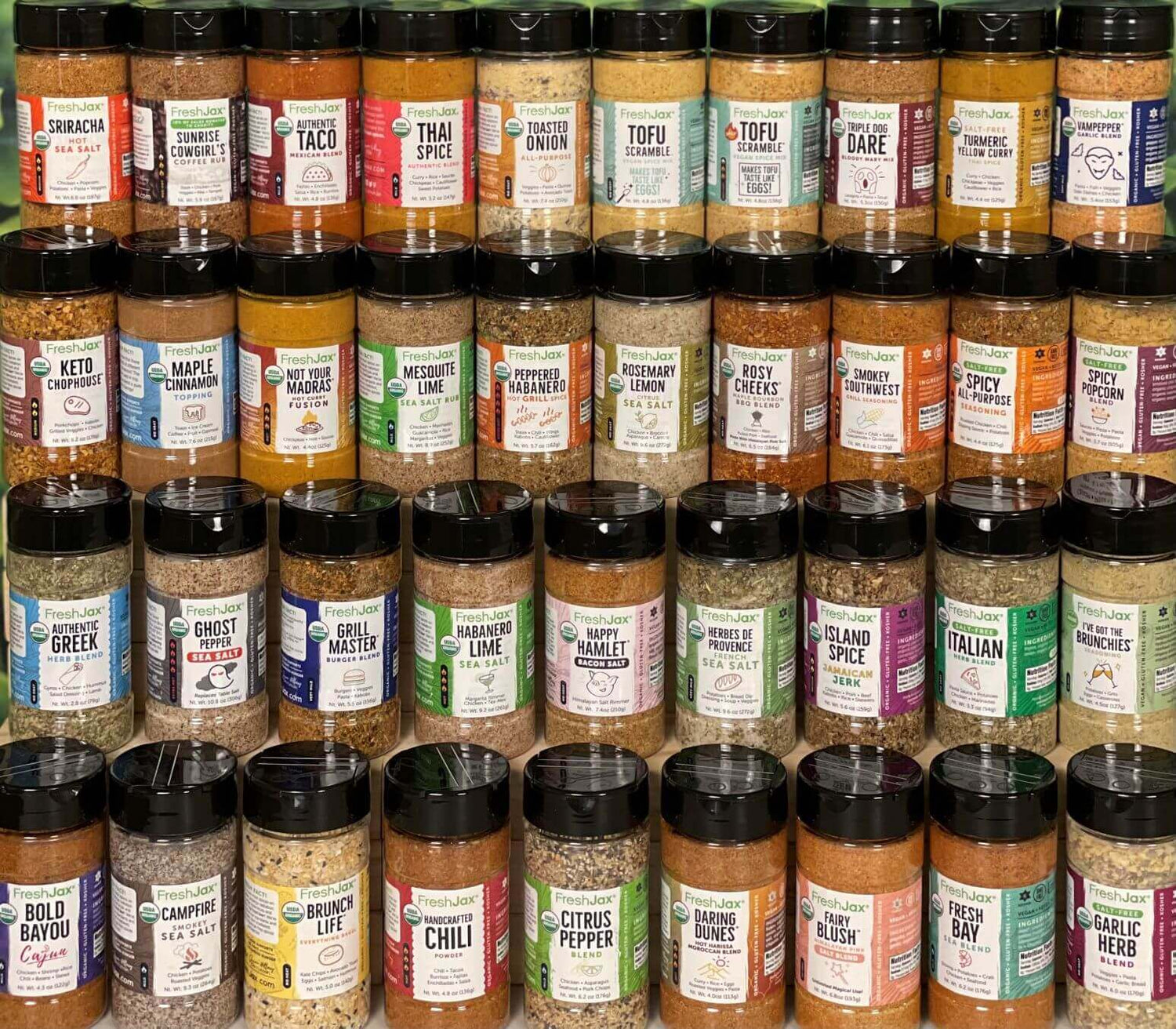 FreshJax organic seasonings all USDA certified organic, gluten-free, non-gmo, no msg, no chemicals, radiation free, no dyes, all handmade in Jacksonville, FL