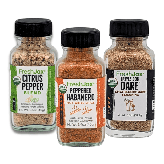 FreshJax Premium Grilling Spice Gift Set with Peppered Habanero, Citrus Pepper, and Bloody Mary Mix – Organic Gourmet Seasoning Trio for BBQ and Outdoor Cooking
Organic grilling spice blends – Peppered Habanero, Citrus Pepper, and Triple Dog Dare Bloody Mary Mix in large dual-sided shaker bottles