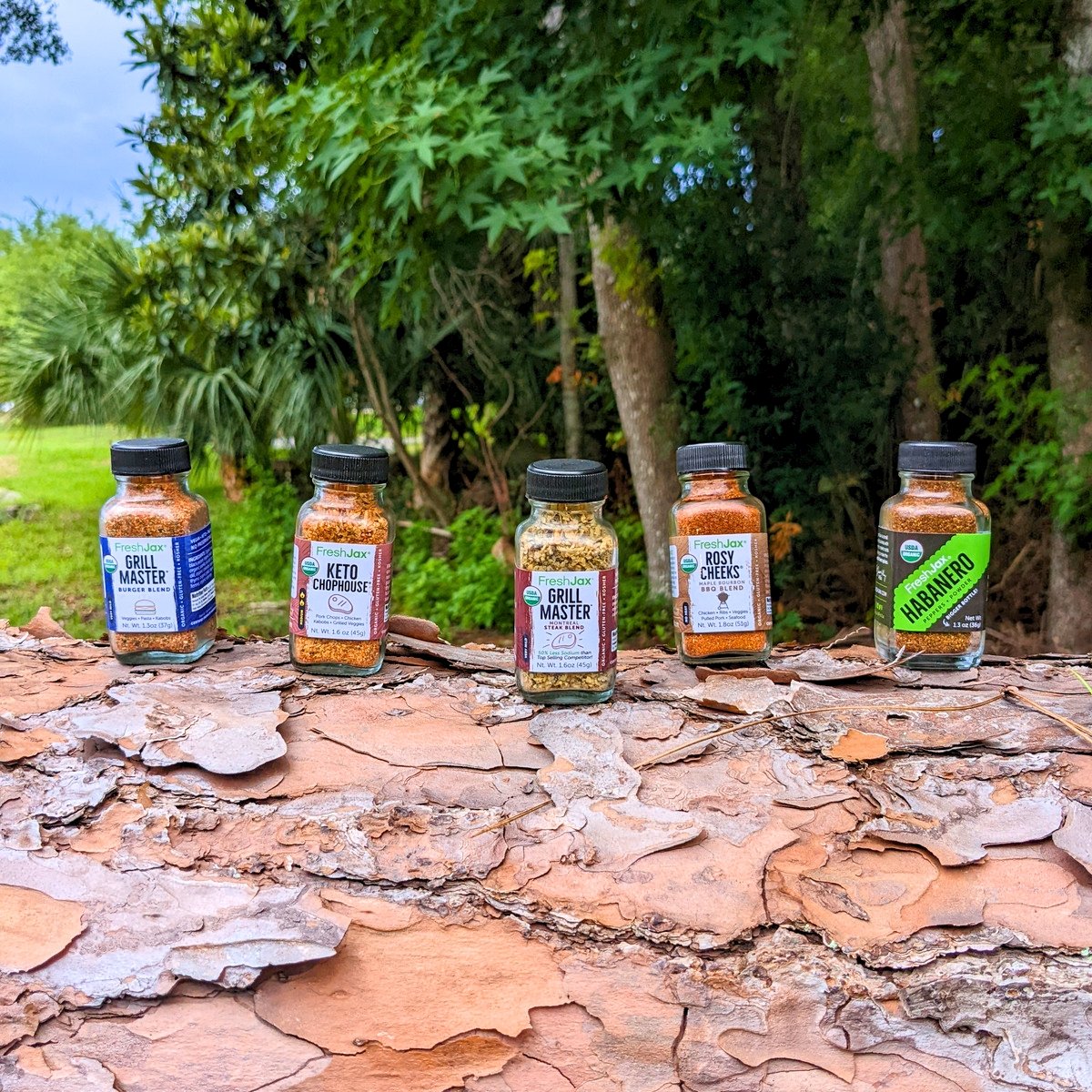5 Spice Bottles on a tree : Grill Master Burger, Keto Chophouse, Grill Master Steak, Rosy Cheeks , Organic Habanero powder
