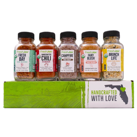 Gift set of 5 bottles: Fresh Bay, Handcrafted Chili, Campfire Smokey Sea Salt, Fairy Blush, Brunch Life,