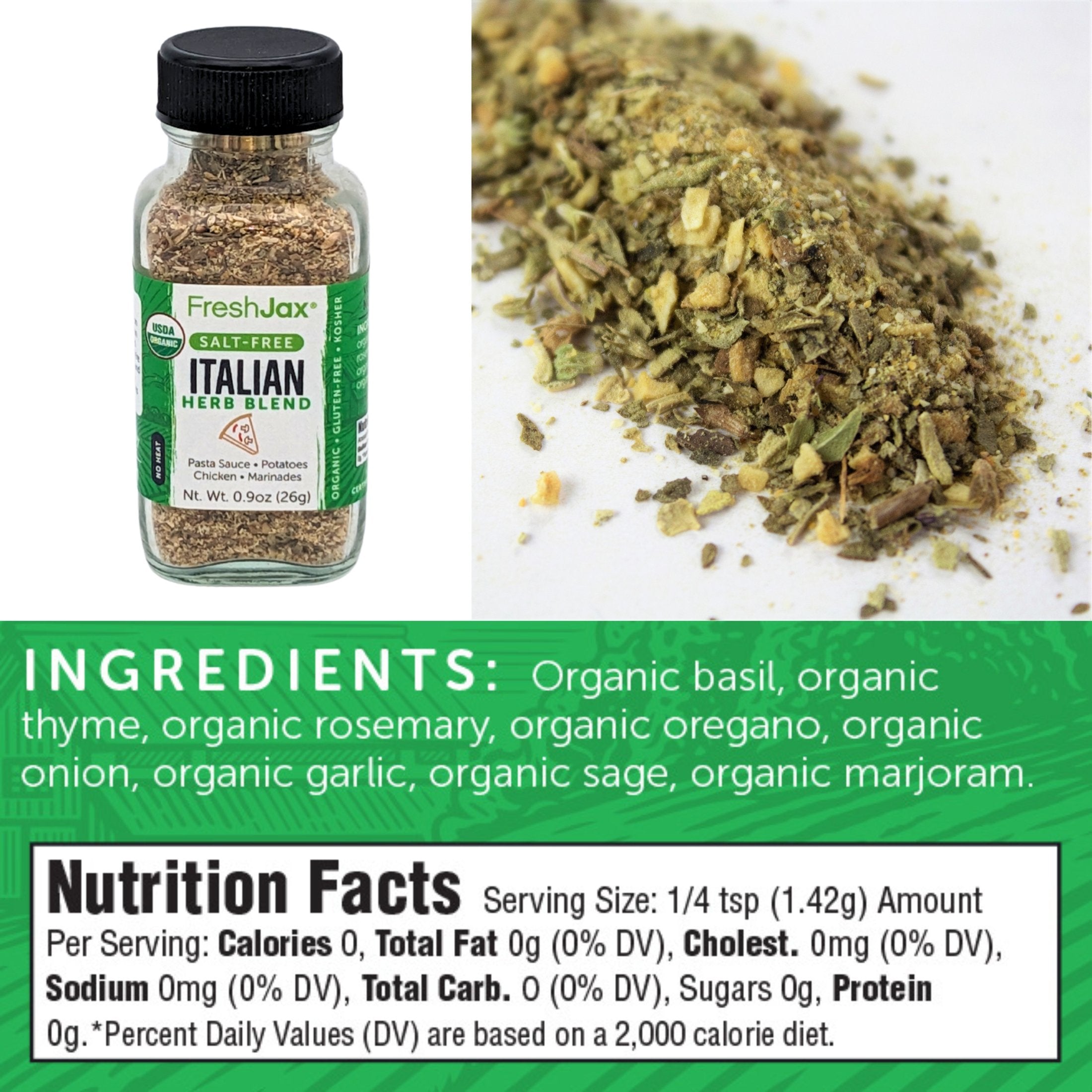 FreshJax Organic Spices Salt-Free Italian Herb Blend Ingredient and Nutritional Information