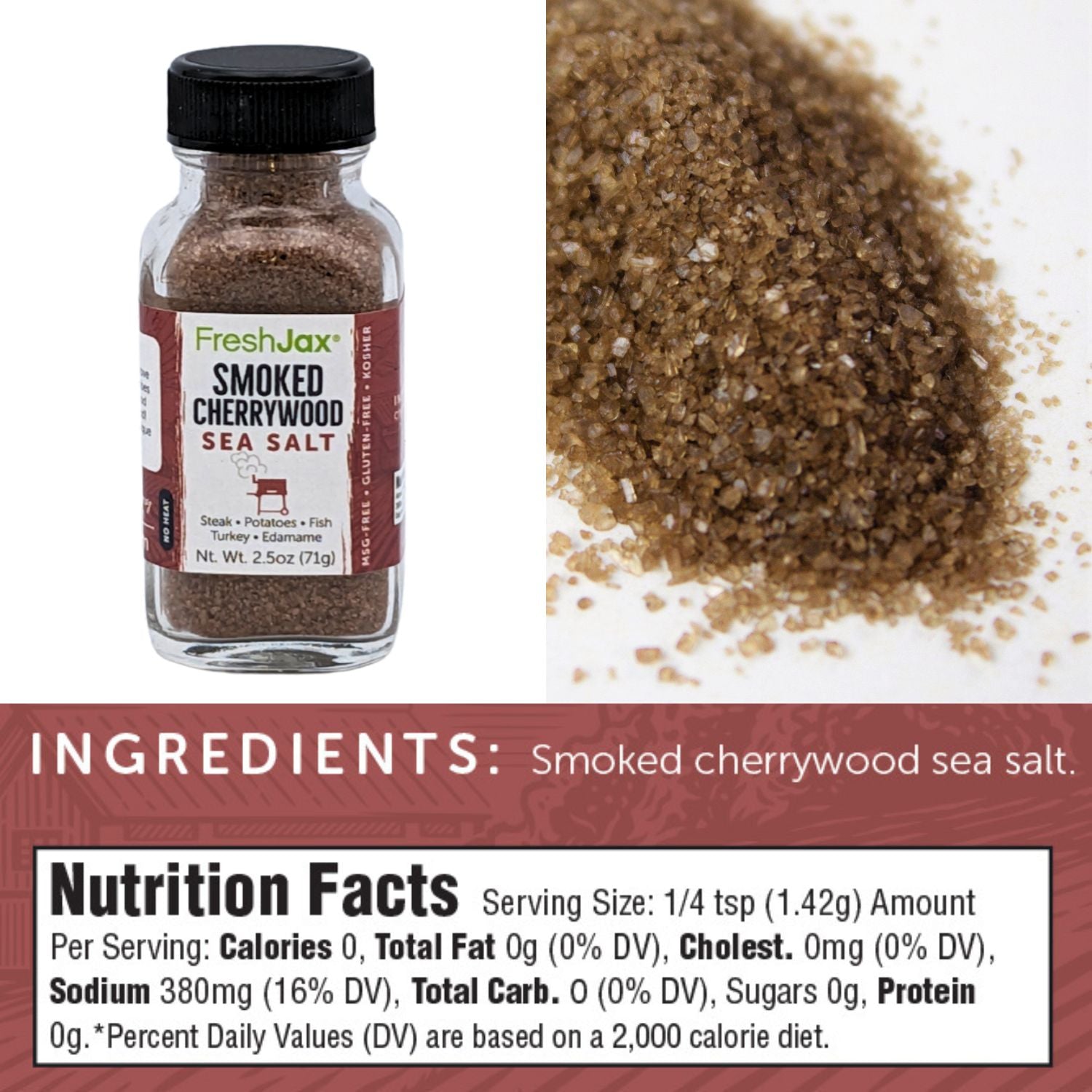 FreshJax Organic Spices Smoked Cherrywood Sea Salt Nutritional and Ingredient Information