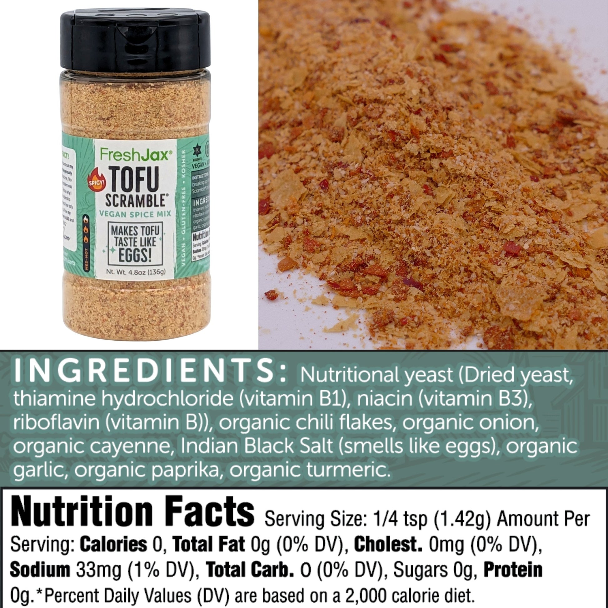 FreshJax Organic Spices Spicy Tofu Scramble Vegan Spice Mix Ingredients and Nutritional Information