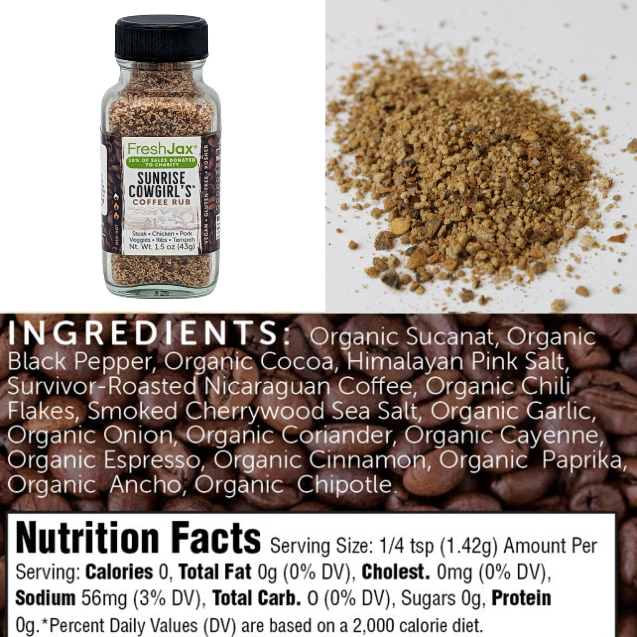 FreshJax Organic Spices Sunrise Cowgirl's Coffee Rub Ingredients and Nutritional Information