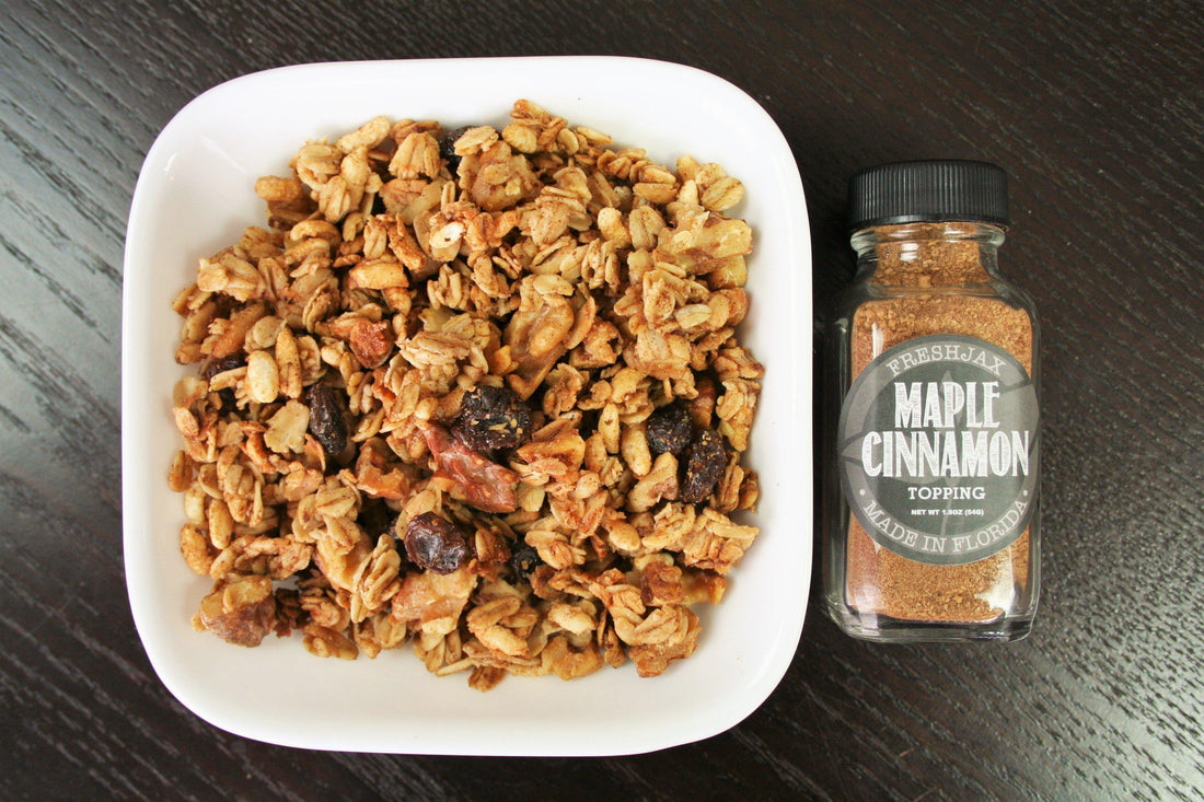 Maple cinnamon granola and FreshJax organic maple cinnamon seasoning.