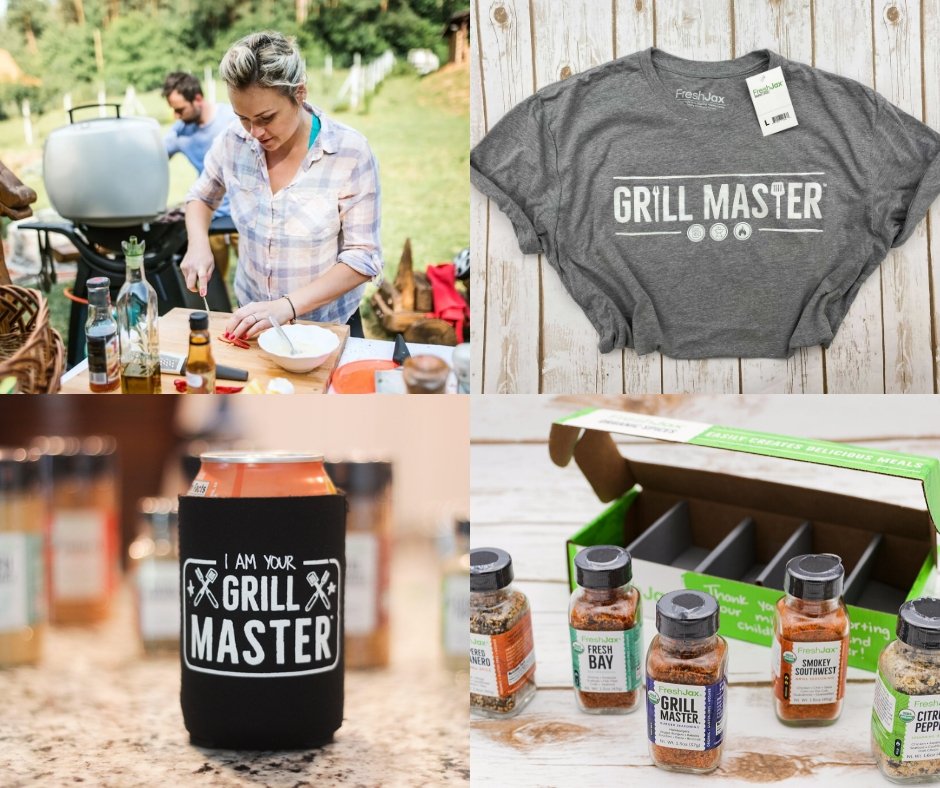 The Well-Seasoned Grill Master must have seasonings... and... an an apron... and a koozie.