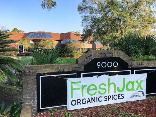FreshJax Organic Spices sign on headquarters building