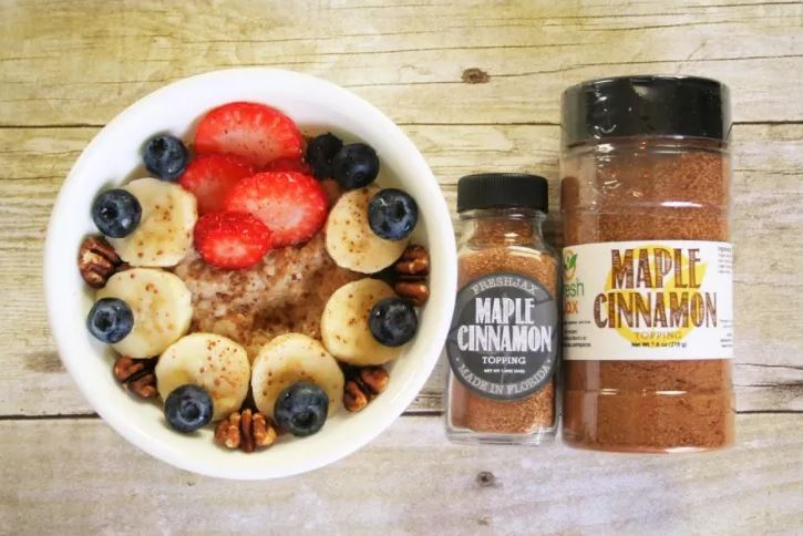 Maple Cinnamon Oatmeal with strawberries, banana, and blueberries