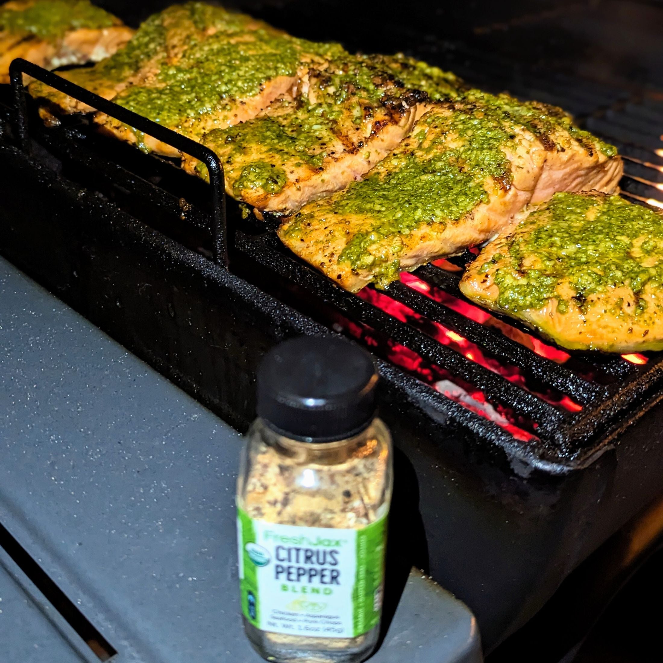 Salmon on the grill with pesto and Citrus Pepper Seasoning