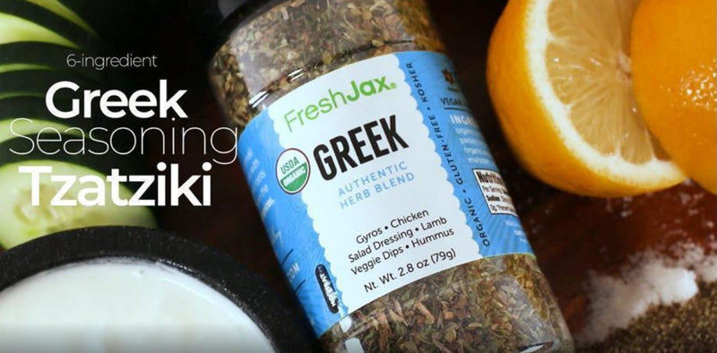 Bottle of Greek Seasoning with the ingredients for tzatziki sauce