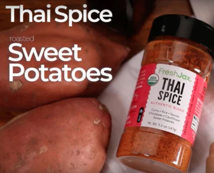 sweet potatoes and a bottle of FreshJax Thai Spice