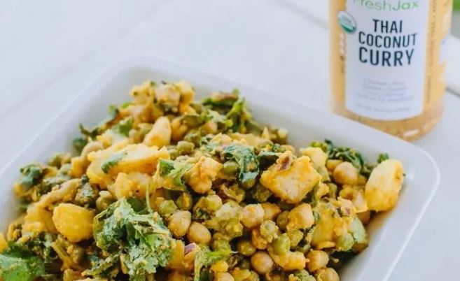curry potato salad on a picnic table