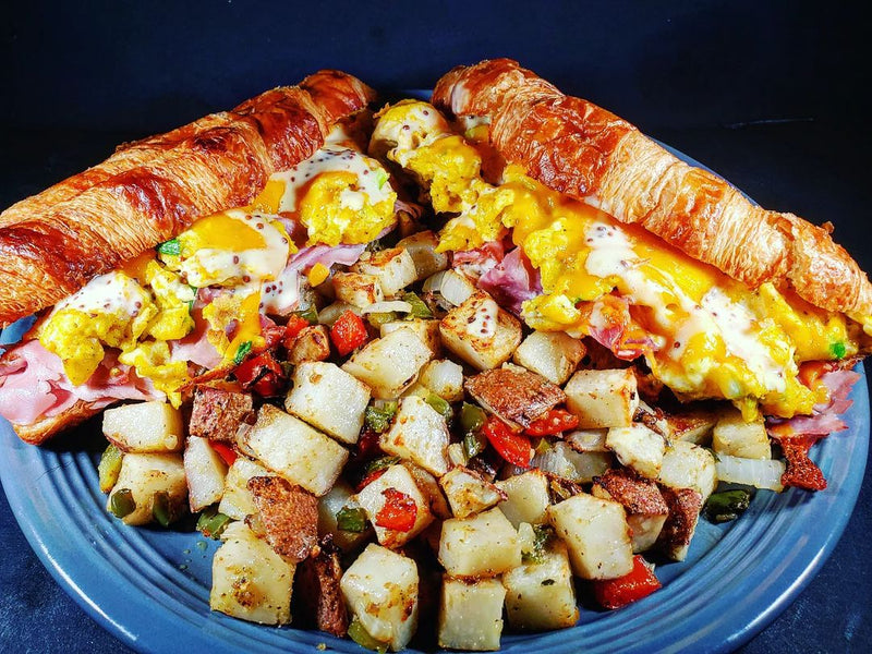 Baked Ham, Egg, and Cheese Breakfast Croissants with Maple Dijon Sauce and Baked Breakfast Potatoes 