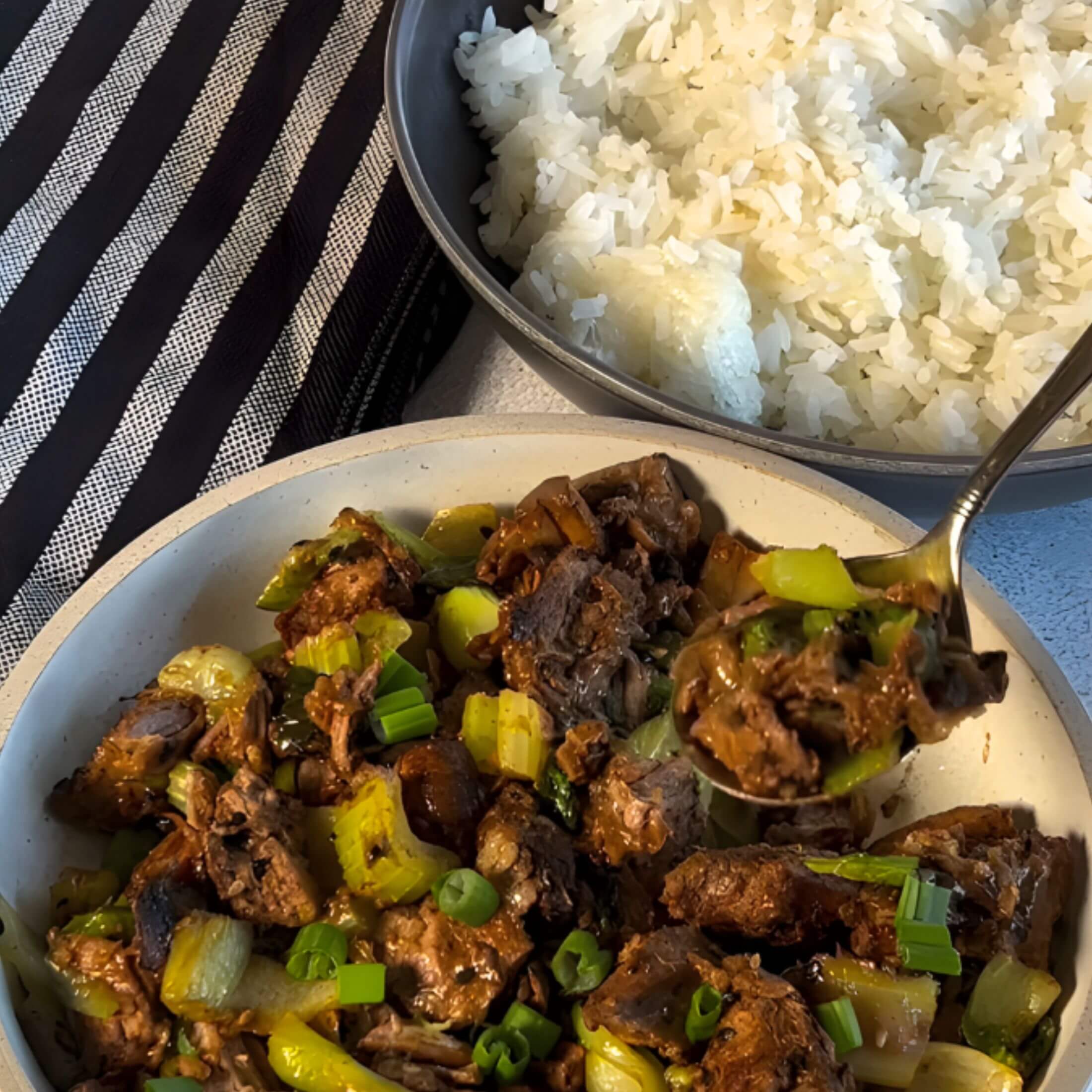 Stir Fry Beef and Vegetables next to white rice