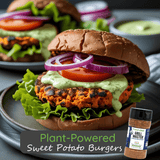 Plant-Powered Sweet Potato Burgers with Cajun Avocado Ranch