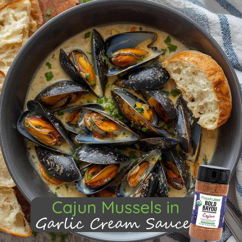 Cajun Mussels in Garlic Cream Sauce