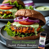 Plant-Powered Sweet Potato Burgers with Cajun Avocado Ranch