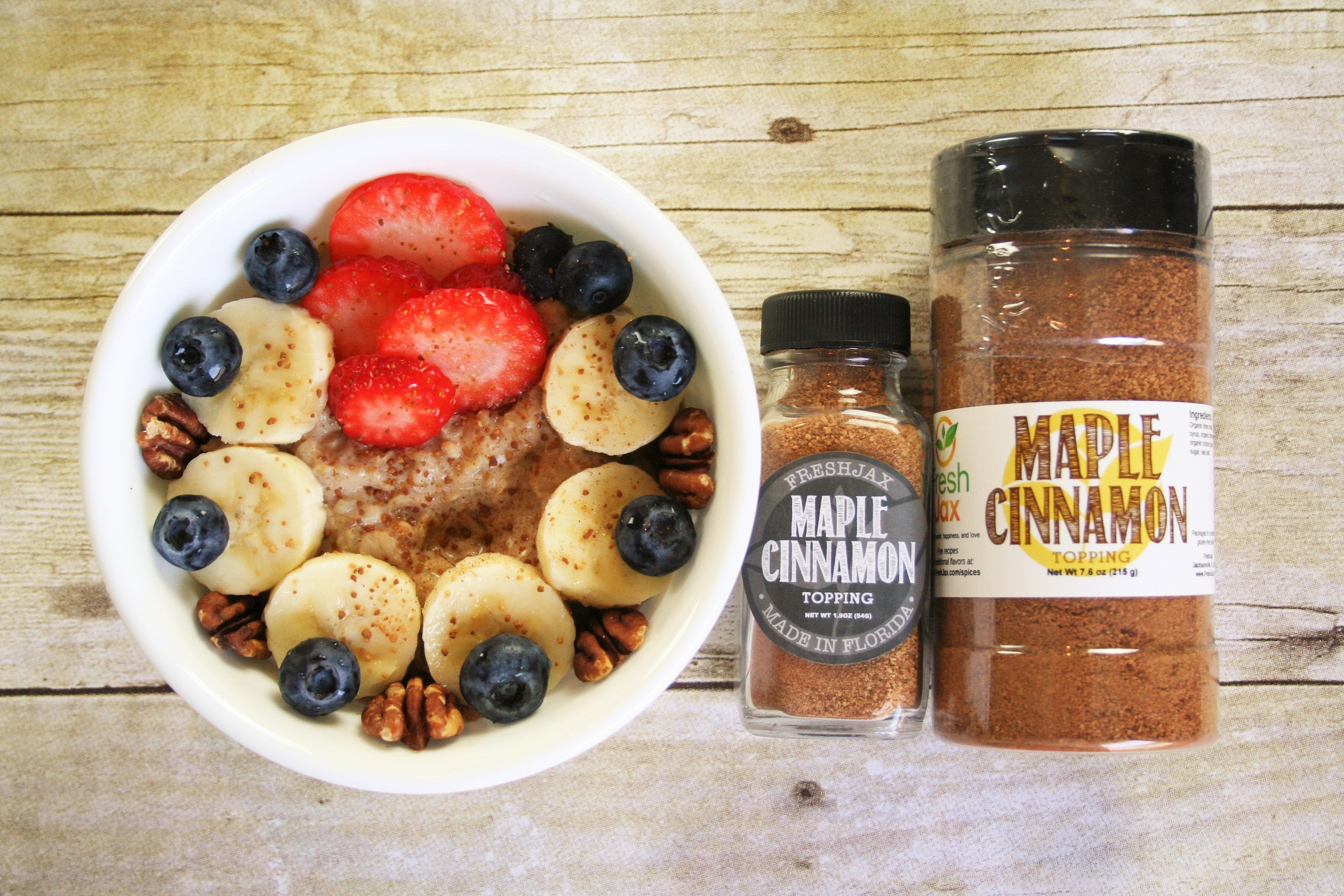 Maple Cinnamon Oatmeal with strawberries, banana, and blueberries