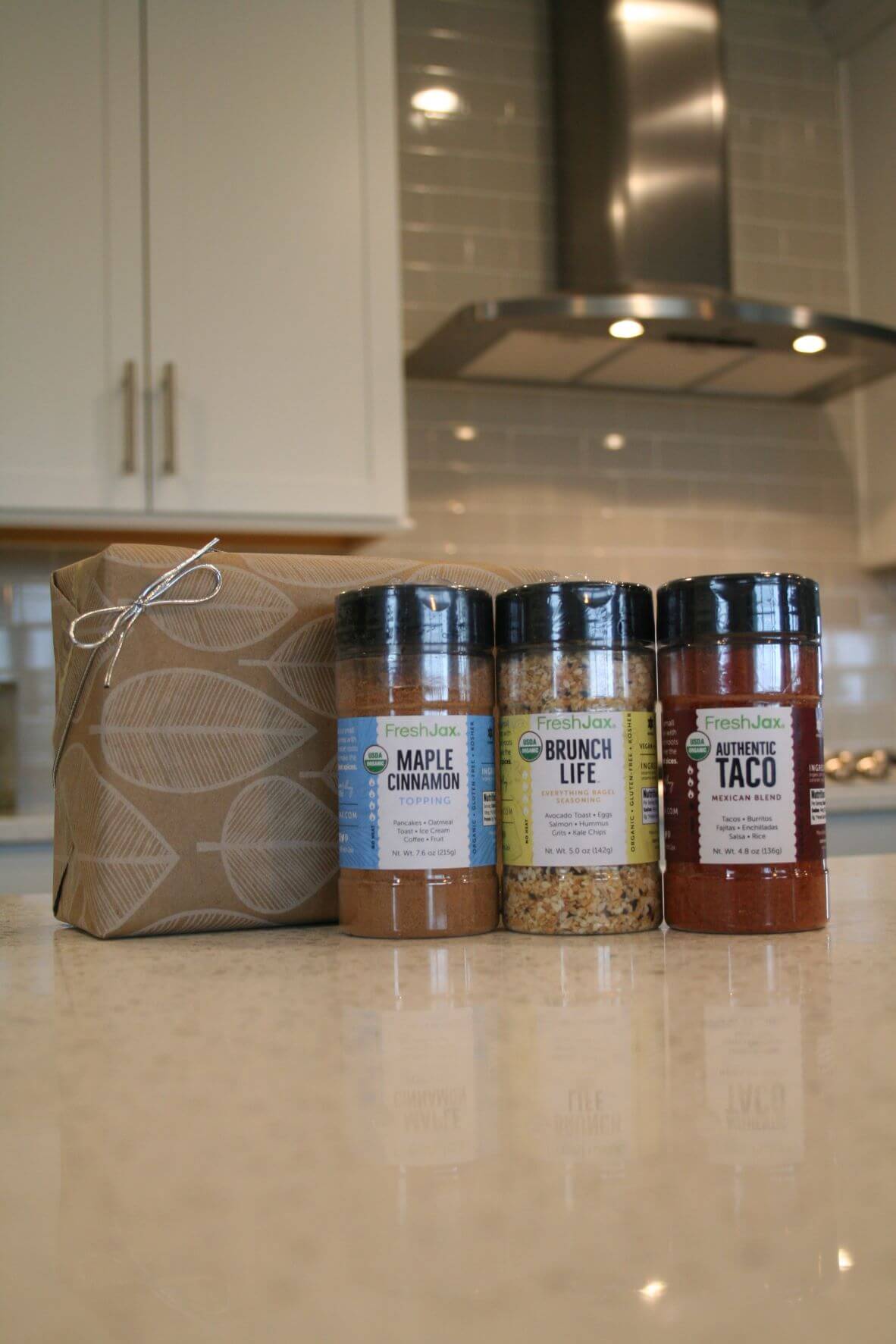 FreshJax organic spices large bottle trio featuring Maple Cinnamon, Brunch Life, and Taco