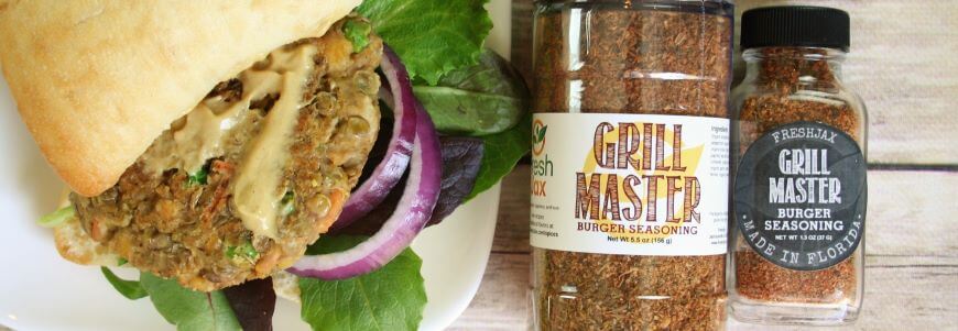 Lentil and chickpea burger recipe with FreshJax Organic Grill Master Burger Blend.