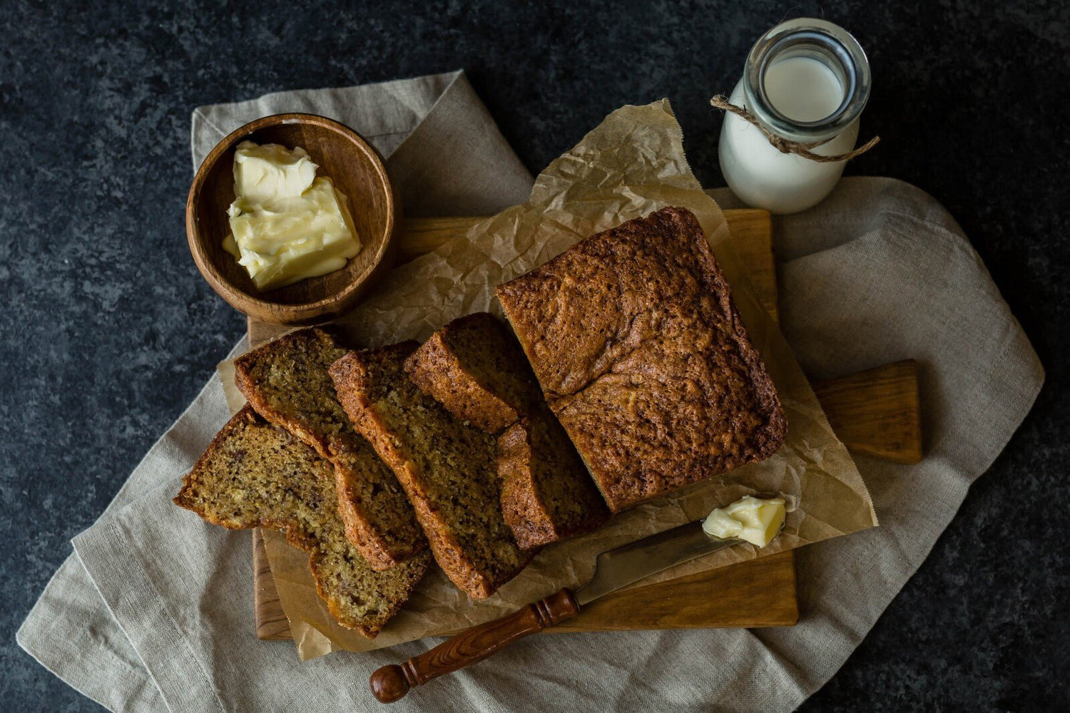 Date Nut Bread with butter and Milk
