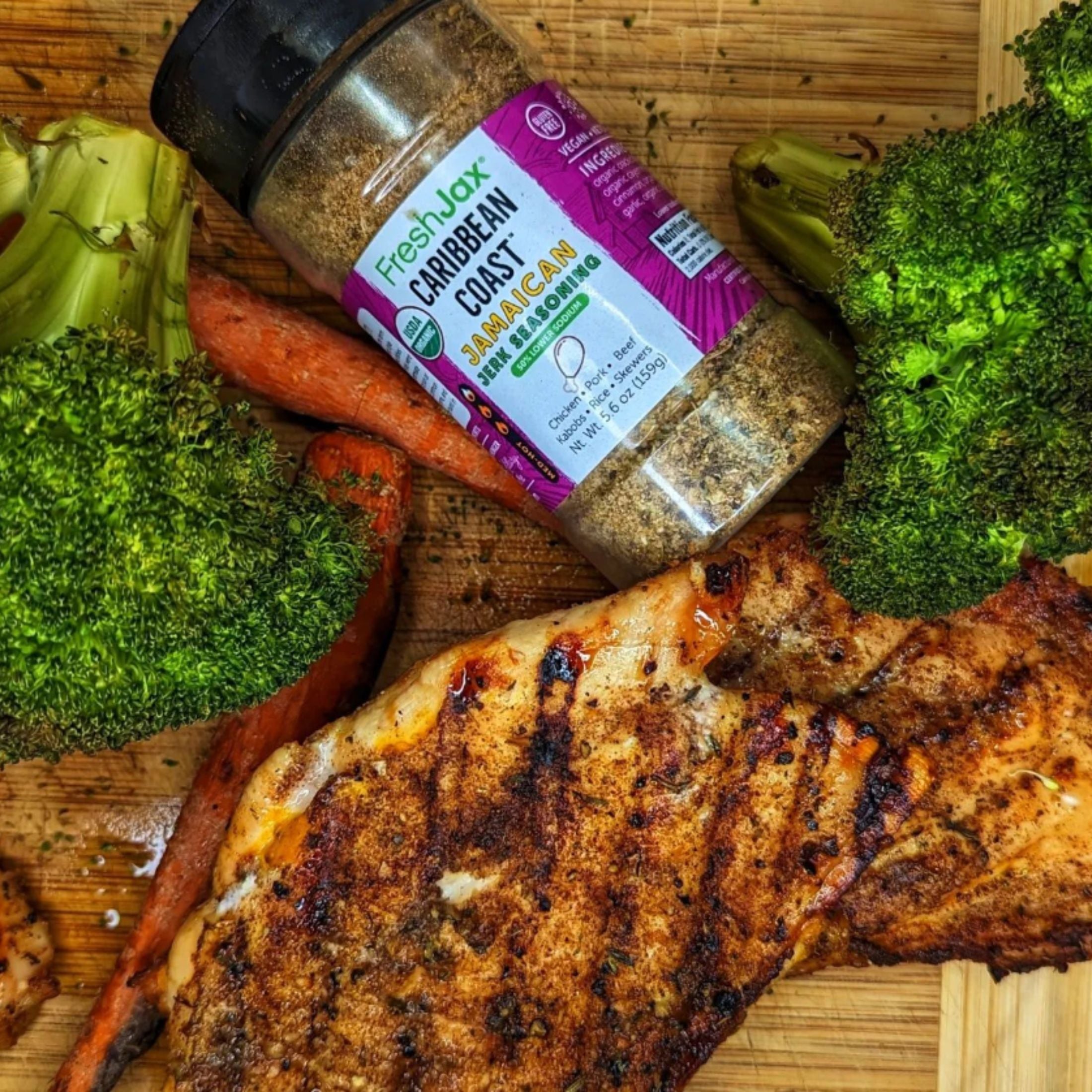 Jerk Seasoning used on grilled chicken, broccoli and carrots