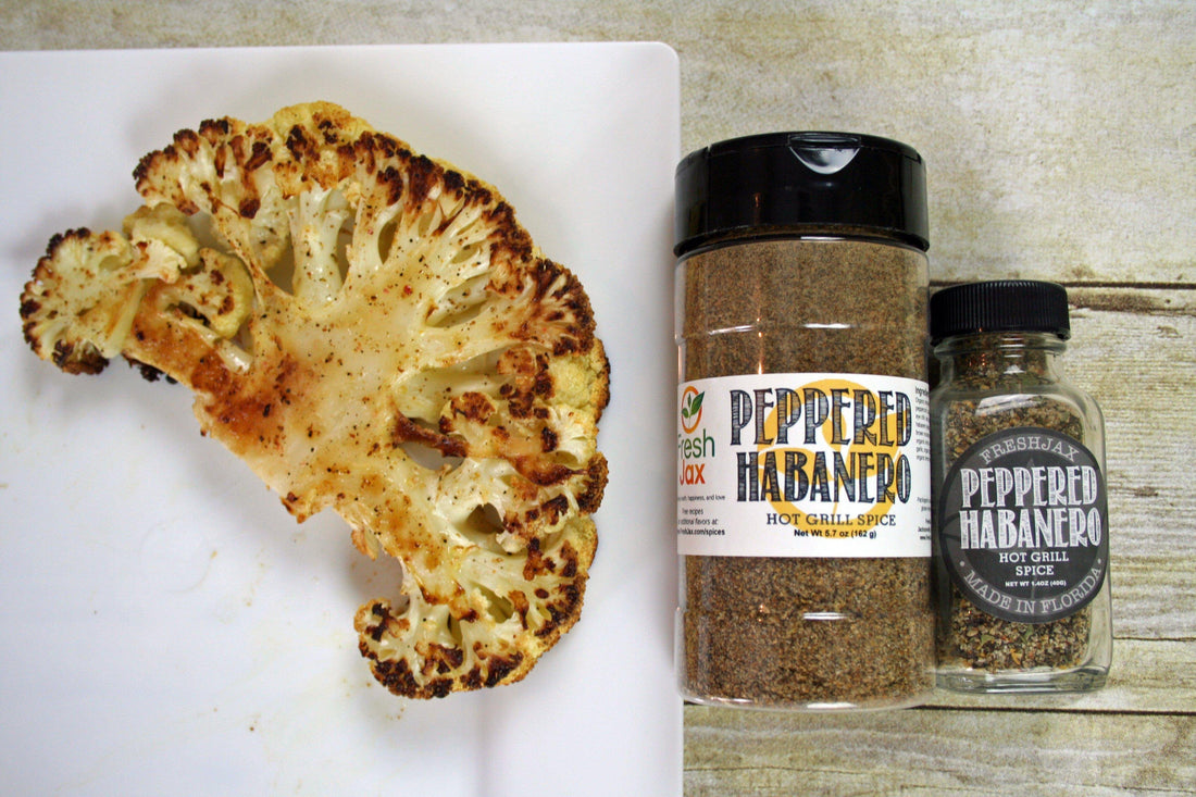 cauliflower steak recipe with freshjax Organic Peppered Habanero hot grill seasoning