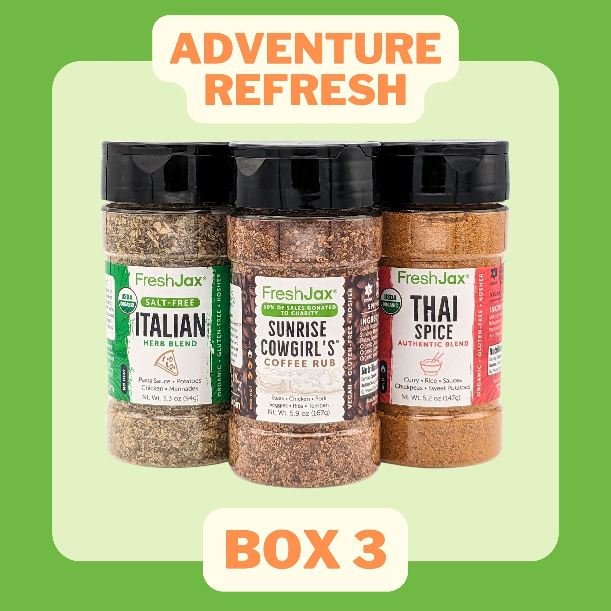 Adventure ReFresh Box 3 : Italian Herb, Sunrise Cowgirl Coffee Rub, Thai spice