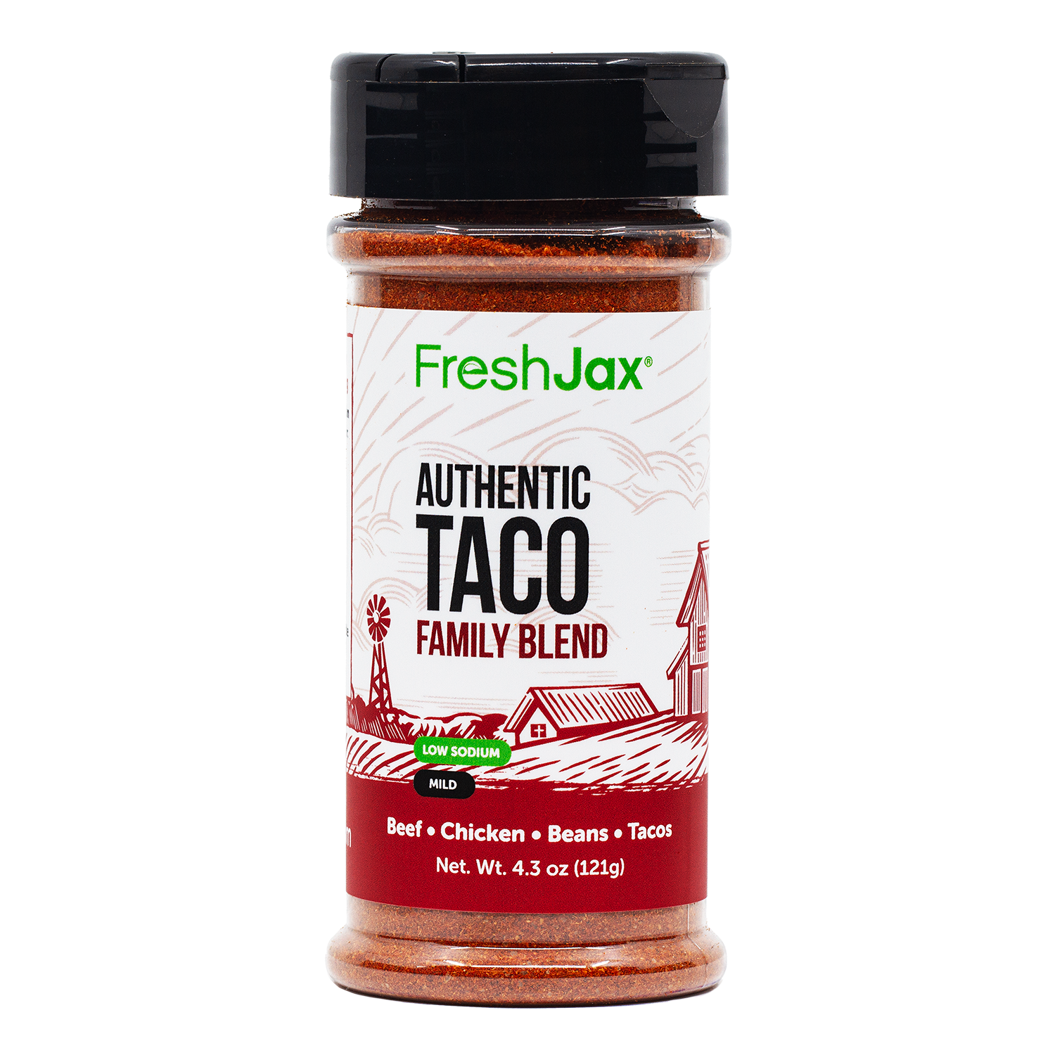 FreshJax Low Sodium Taco Seasoning bottle alongside a high-protein turkey burrito bowl, showing a clean-ingredient, GLP-1 friendly Mexican spice mix.