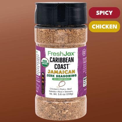 Large Bottle of FreshJax Caribbean Coast Jamaican Jerk Seasoning on a brown background
