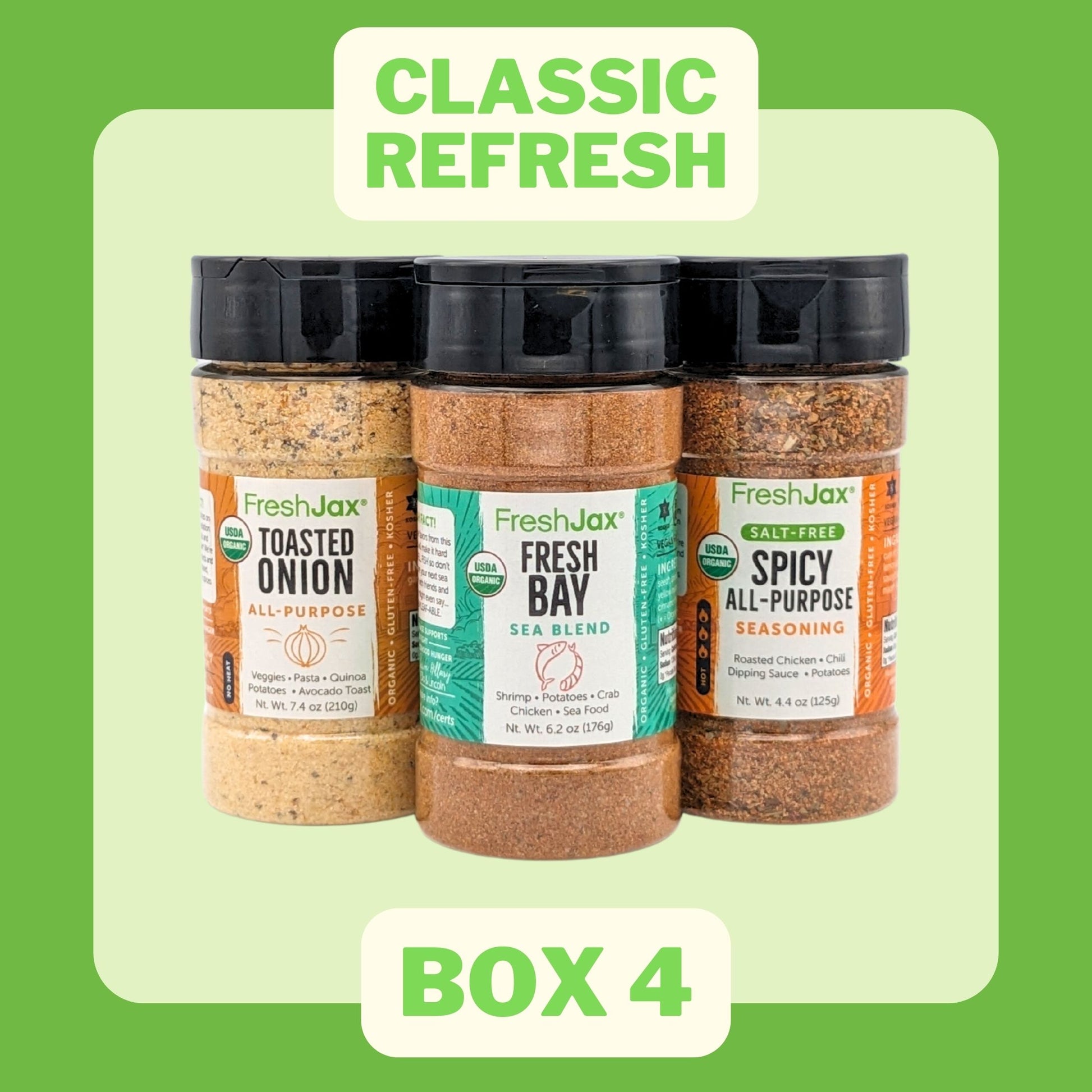 FreshJax Classic ReFresh - Box 4 : Toasted Onion, Fresh Bay, Spicy All-Purpose