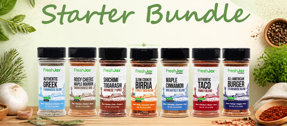 A Fresh Jax 'Starter Bundle' featuring eight spice jars lined up on a wooden surface against a light green textured background with decorative herbs and spices.