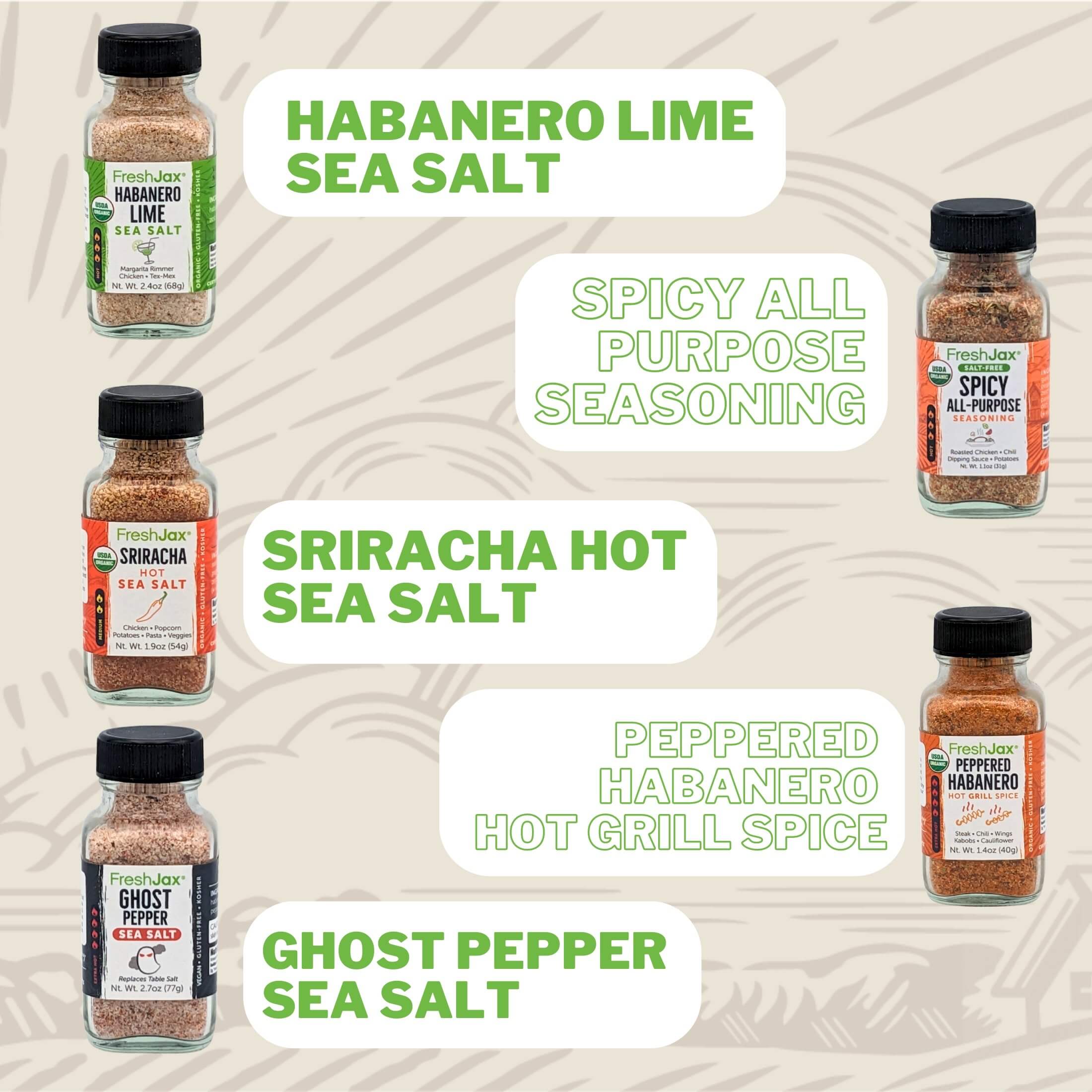 FreshJax Organic Spices Hot and Spicy 5 Pack: Habanero Lime Sea Salt, Spicy All Purpose Seasoning, Sriracha Sea Salt, Peppered Habanero Hot Grill Spice, Ghost Pepper Sea Salt