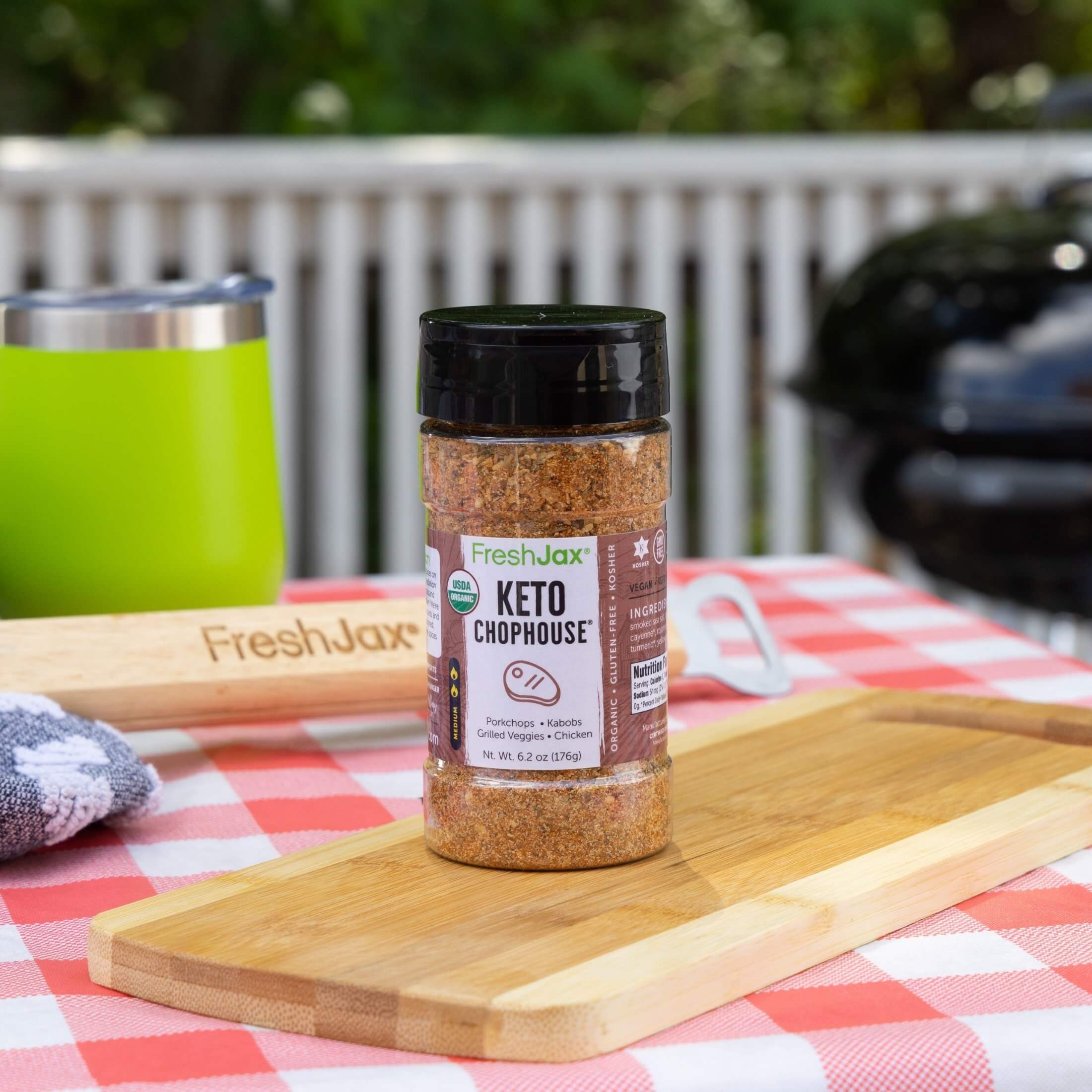 FreshJax Organic Spices Keto Chophouse Seasoning on a picnic table