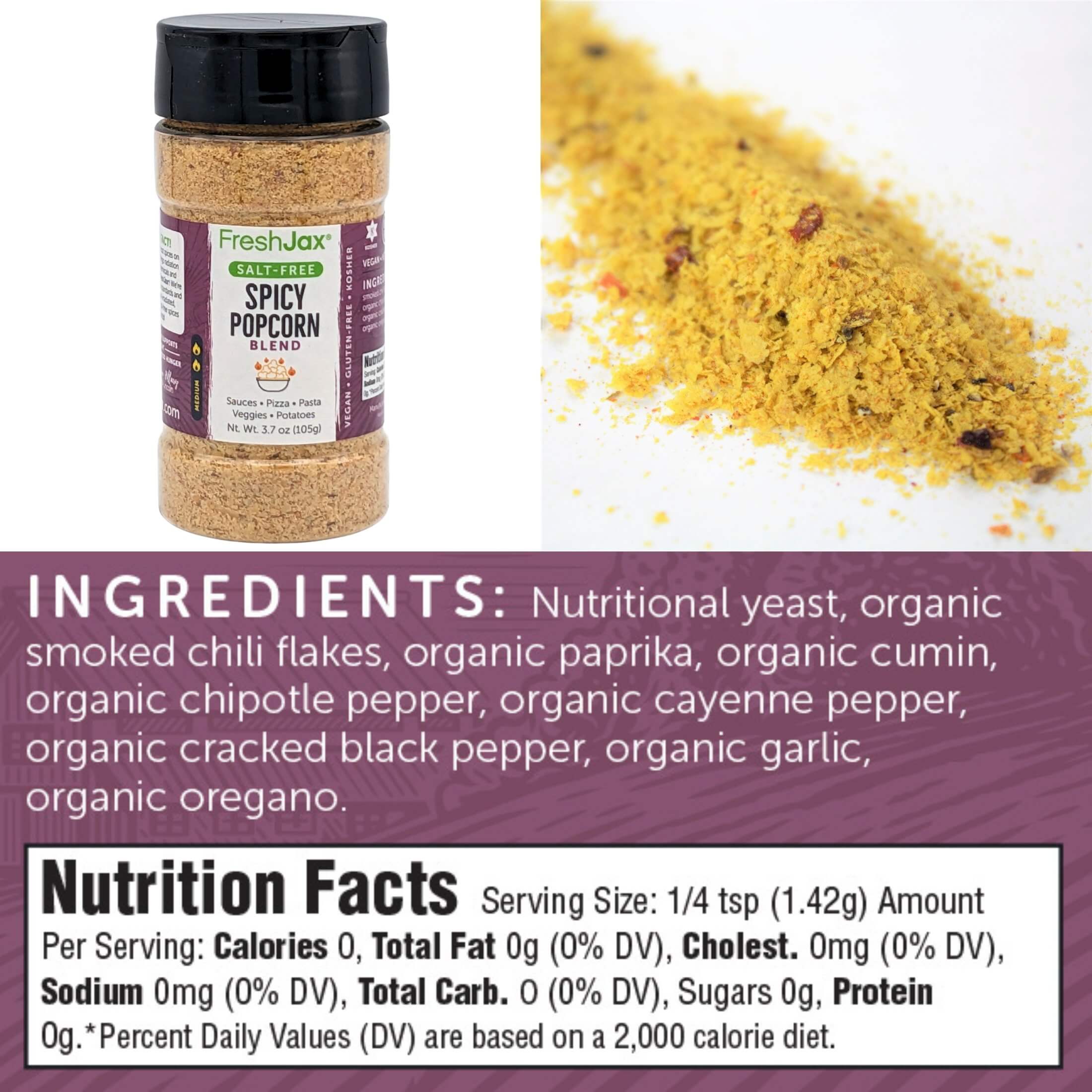 FreshJax Organic Spices Salt-Free Spicy Popcorn Seasoning Ingredients and Nutritional Information